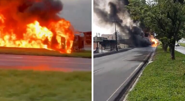 Caminhão-tanque tomba e pega fogo na BR-101, em Igarassu; trecho da via é totalmente interditado