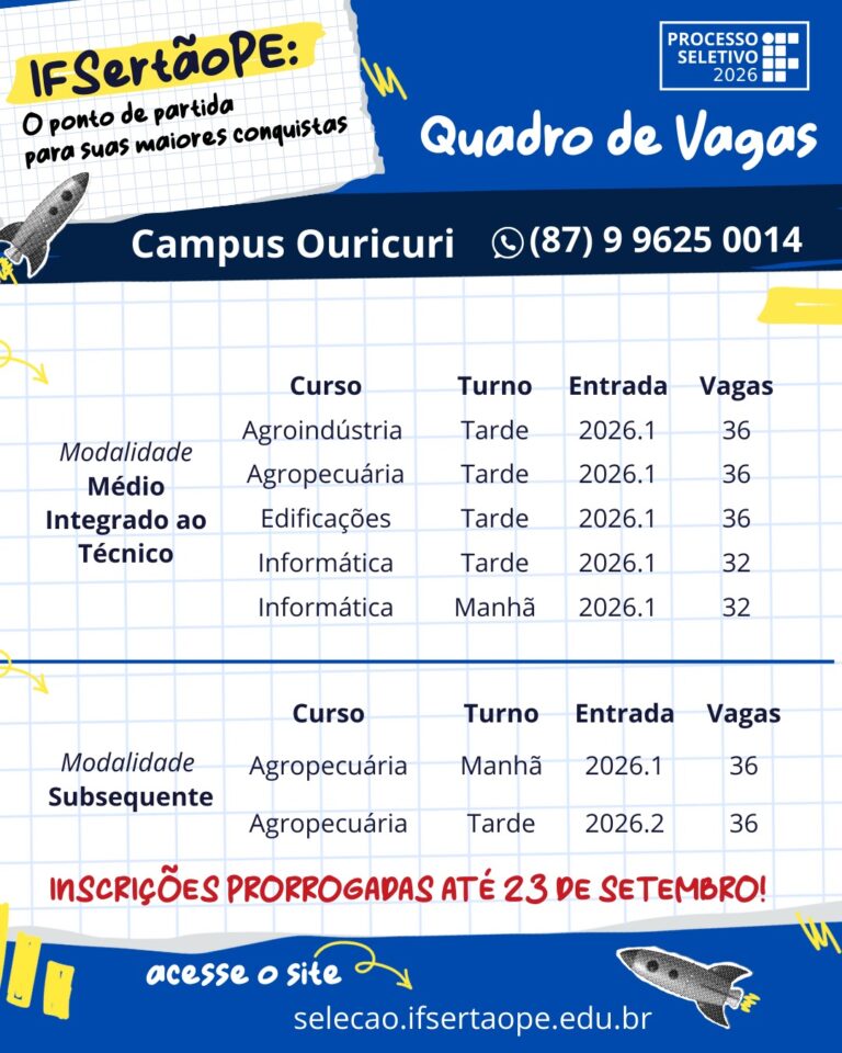 O Campus Ouricuri do IFSertãoPE informa que as inscrições para o Processo Seletivo 2026 foram prorrogadas até o dia 23 de setembro de 2025.